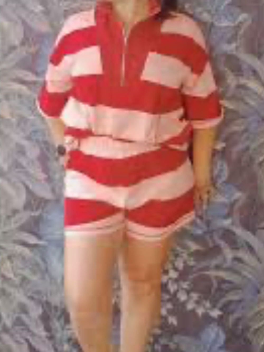 Womens Red and Light Pink Striped Short Set XL by Fashion